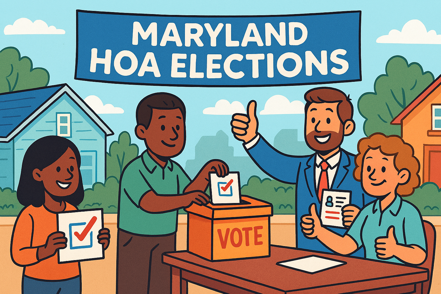 A cartoon-style illustration of a Maryland HOA election scene set in a suburban neighborhood. In the center, an African American man wearing a green shirt casts his vote into an orange ballot box labeled “VOTE” on a wooden table. To his left, a smiling African American woman in an orange shirt holds a sign with a red checkmark. To his right, a Caucasian man in a blue suit and red tie gives a thumbs-up while holding a candidate flyer, and a Caucasian woman in a turquoise shirt sits at the table, also giving a thumbs-up. Behind them are colorful houses, green trees, and a blue banner that reads “MARYLAND HOA ELECTIONS.” The tone is cheerful and community-focused.